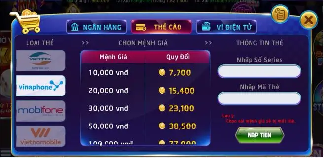 Các bước nạp tiền dùng được cho mọi hình thức nạp tiền tại cổng game Rikvip