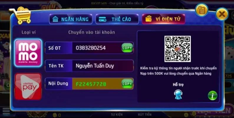 Nạp tiền vào tài khoản game qua ví điện tử Momo