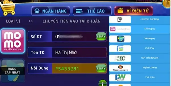 Hình thức nạp tiền vào Rikvip qua ví điện tử 